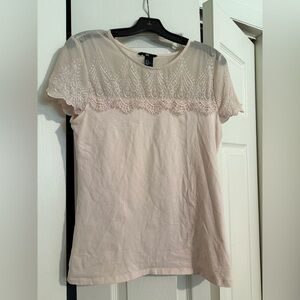 H&M Light Pink Lace Yoke Short Sleeve Top